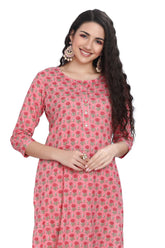 Pink Floral Print Straight Cut Kurti with Zari work